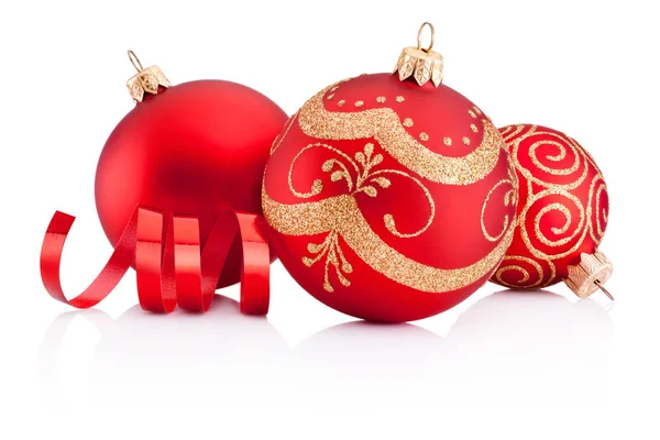 Red Christmas decoration baubles and curling paper isolated on w — Stock Photo, Image