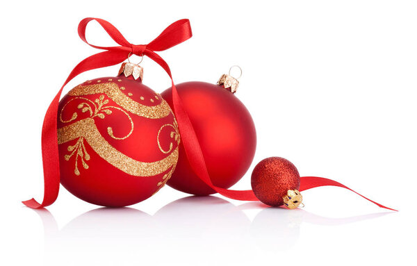 Red christmas decoration baubles with ribbon bow isolated on whi