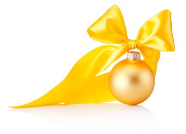 Altın Noel biblo sarı kurdele ile izole üzerinde beyaz yay