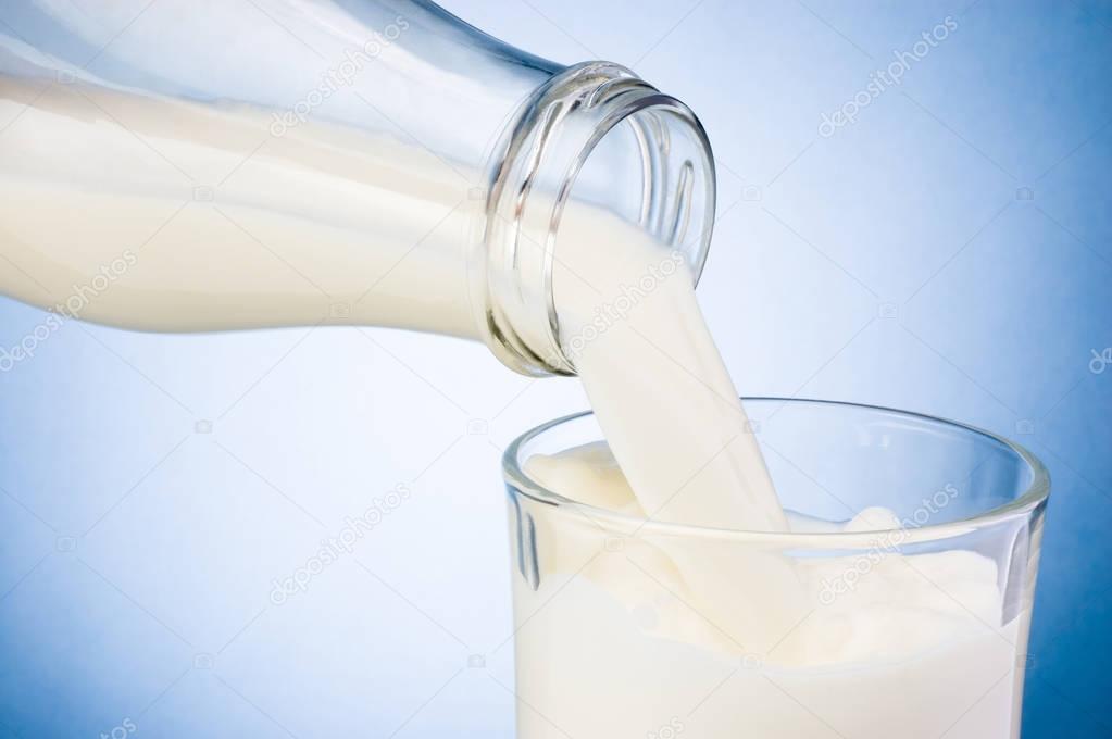 Pouring milk from bottle into glass on blue background