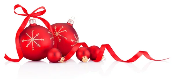 Red Christmas decoration baubles with ribbon bow isolated — Stock Photo, Image