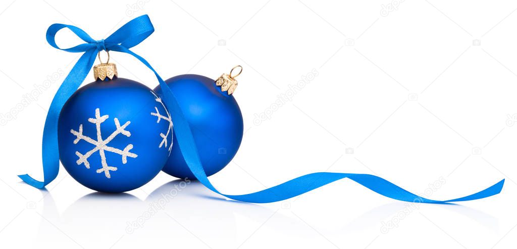Two blue Christmas decoration bauble with ribbon bow isolated