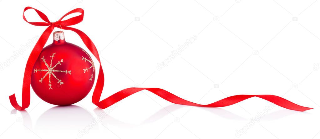 Red Christmas decoration bauble with ribbon bow isolated
