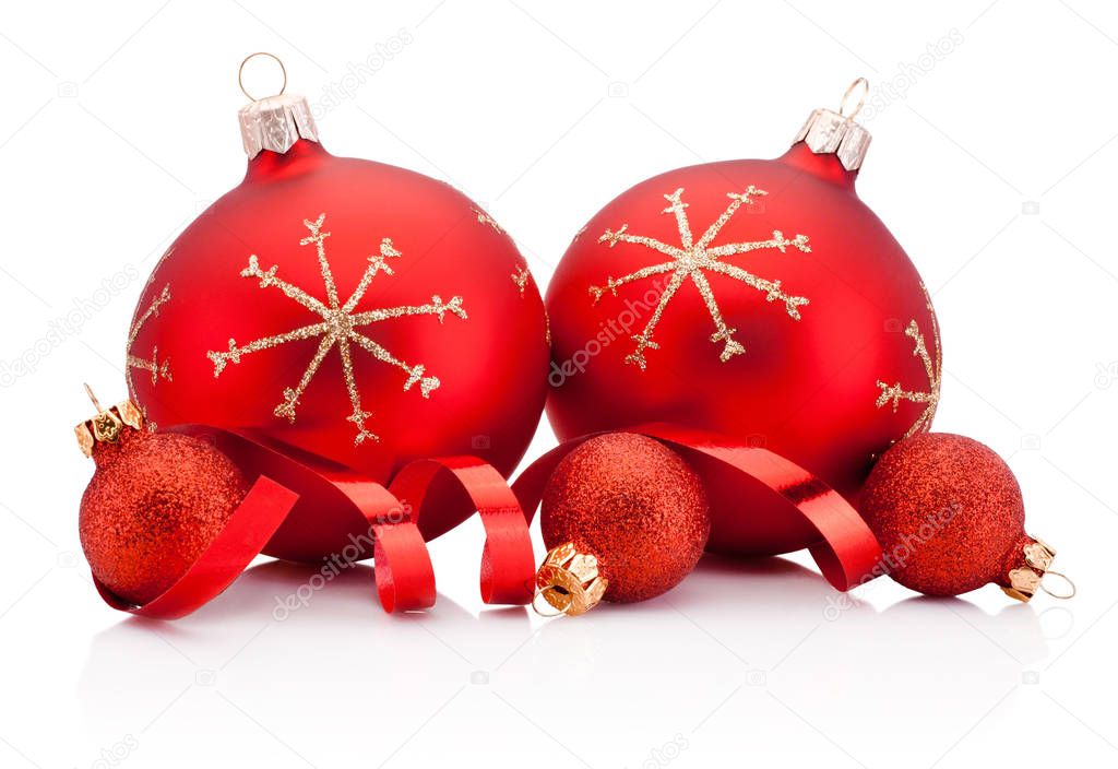 Christmas red decoration baubles and curling paper Isolated