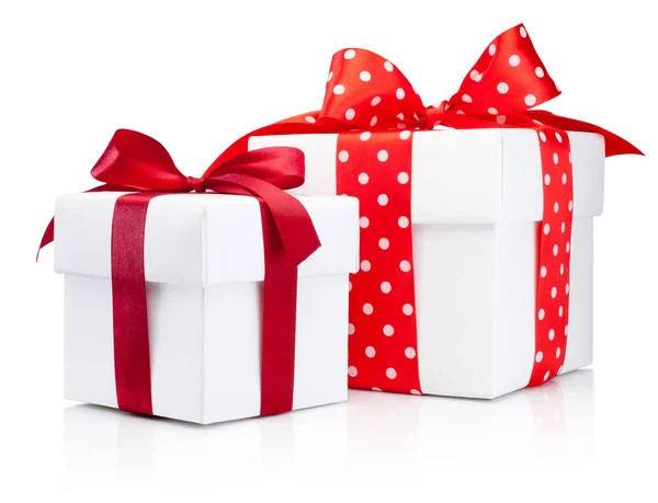 Two white gift boxes tied red ribbon bow Isolated on a white background — 스톡 사진