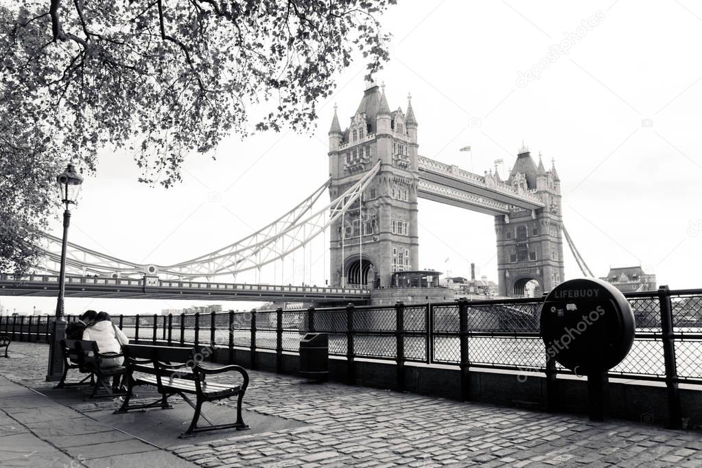 A black and white view of the famous Tower Bridge 