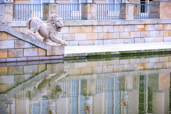 Escultura de león reflejándose en el agua en el parque de Varsovia Lazienki — Foto de Stock