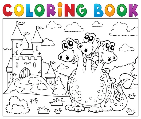 Livro de colorir dragão perto do castelo tema 3 — Vetor de Stock