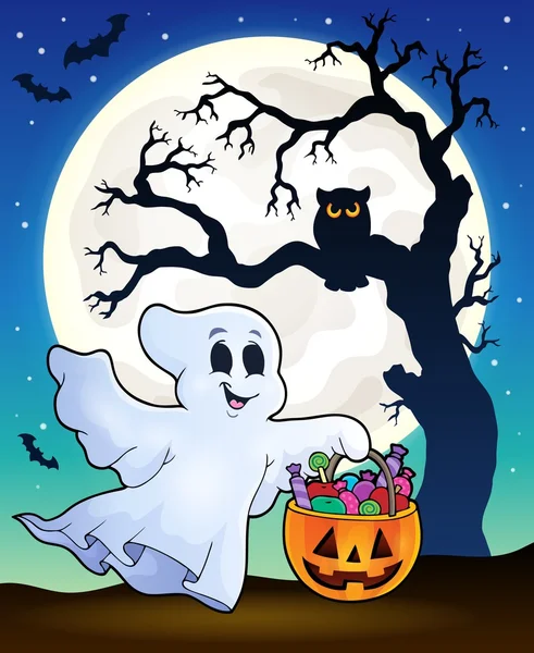 Fantasma de Halloween com silhueta de árvore — Vetor de Stock