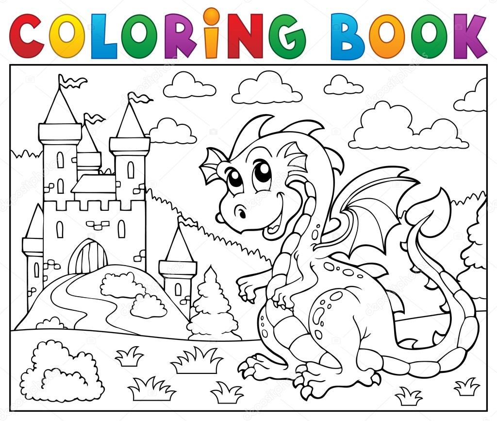 Disegni da colorare Drago libro vicino al tema del castello 2 illustrazione di vettore eps10 — Vettoriali di clairev