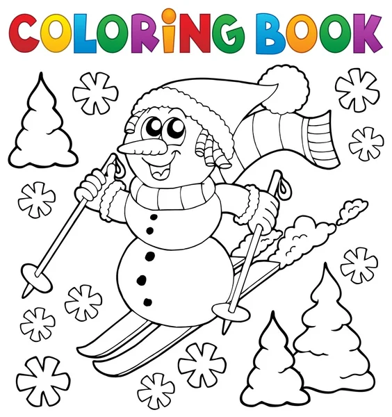 Coloring book skiing snowman theme 1 — Stock Vector