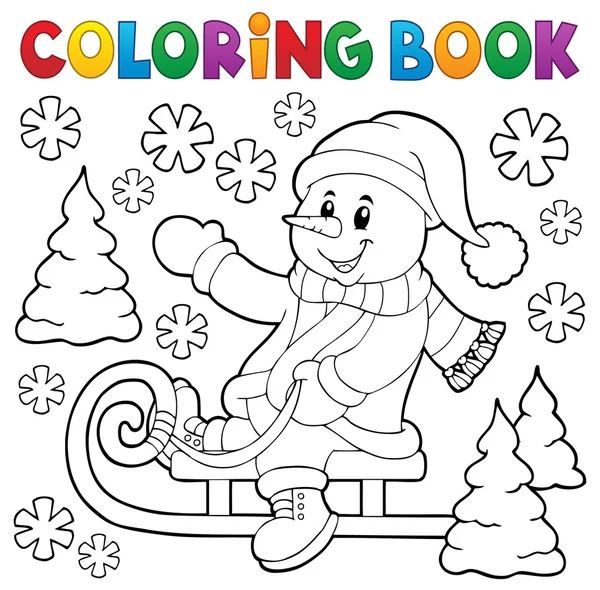 Kleurplaat boek sneeuwpop op slee thema 1 — Stockvector