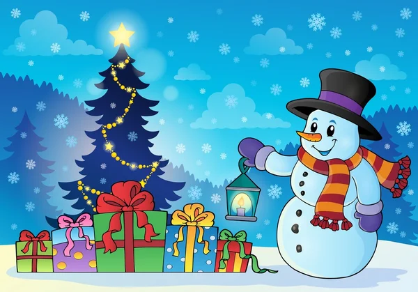 Χιονάνθρωπο κοντά στο δέντρο χριστουγεννιάτικο θέμα 1 — Διανυσματικό Αρχείο
