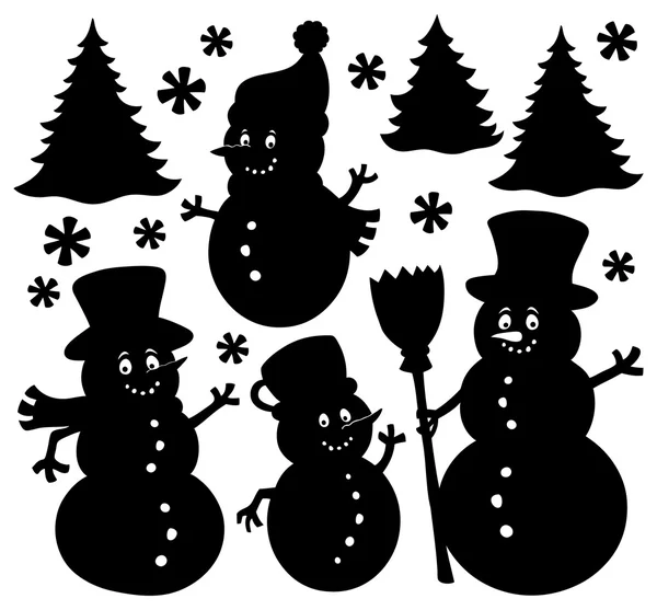 Sneeuwpoppen silhouetten thema ingesteld 1 — Stockvector