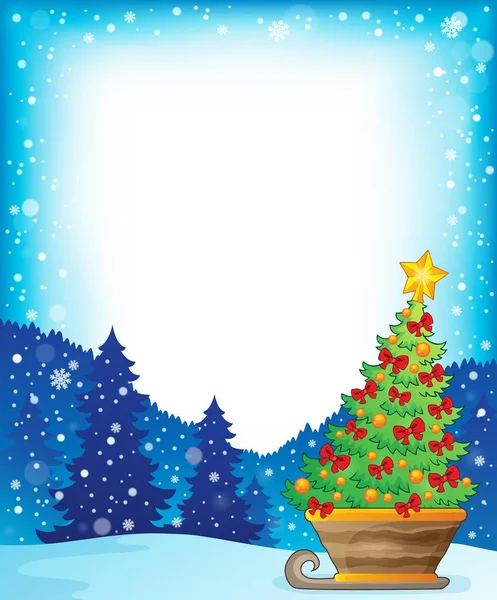 Πλαίσιο με το χριστουγεννιάτικο δέντρο στο έλκηθρο — Διανυσματικό Αρχείο