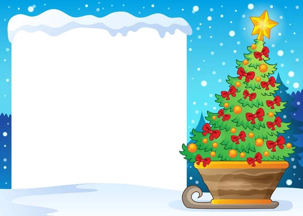 Karlı çerçeve ve kızak üzerinde Noel ağacı — Stok Vektör