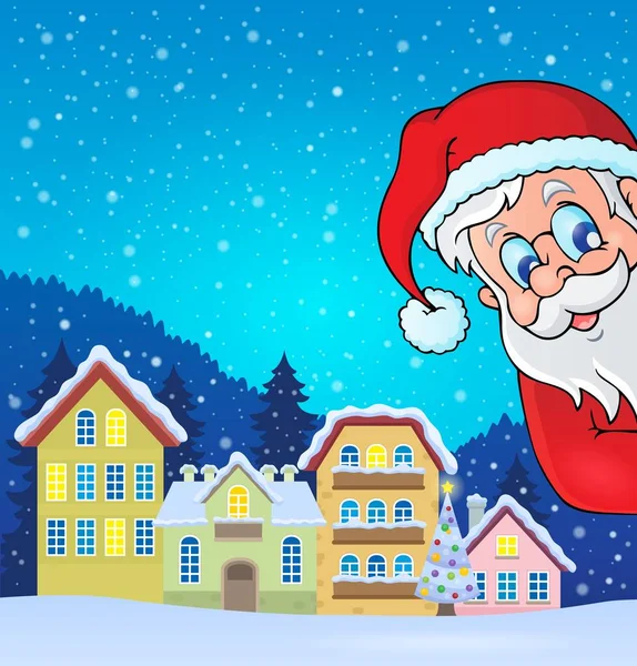 Pueblo de invierno con Santa Claus al acecho — Vector de stock
