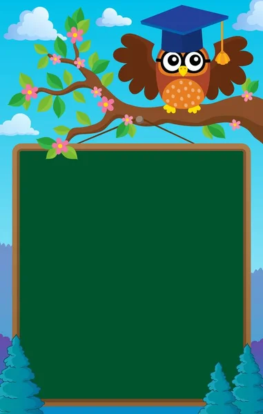 Branch with schoolboard and owl — Stock Vector