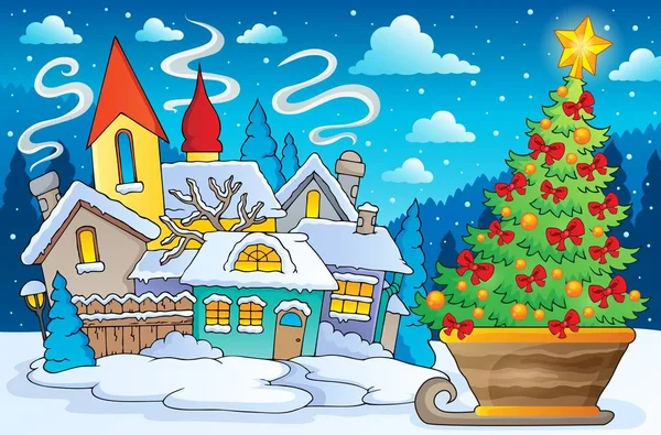 Paysage avec sapin de Noël sur luge — Image vectorielle