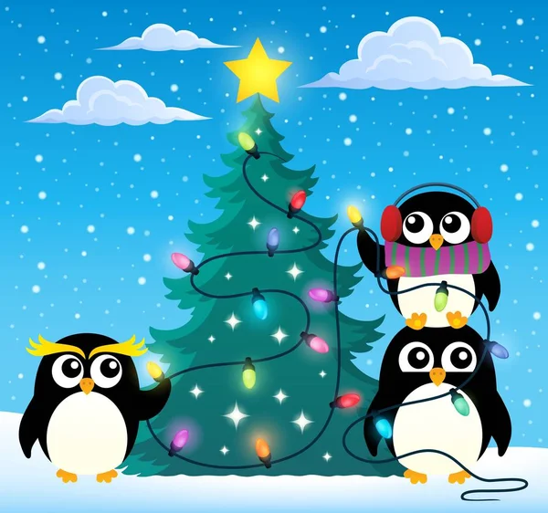 Pinguïns rond Christmas tree thema 2 — Stockvector