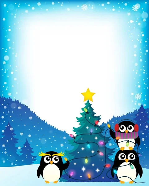 Penguins around Christmas tree theme 4 — Stock Vector