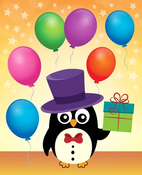 Pinguino partito con cappello e regalo — Vettoriale Stock