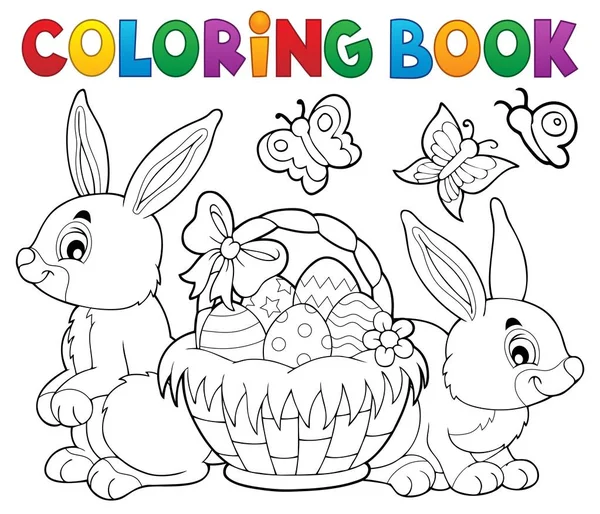 Libro para colorear Cesta de Pascua y conejos — Vector de stock