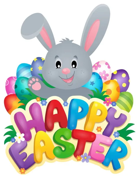 Счастливый пасхальный знак с кроликом и яйцами — стоковый вектор