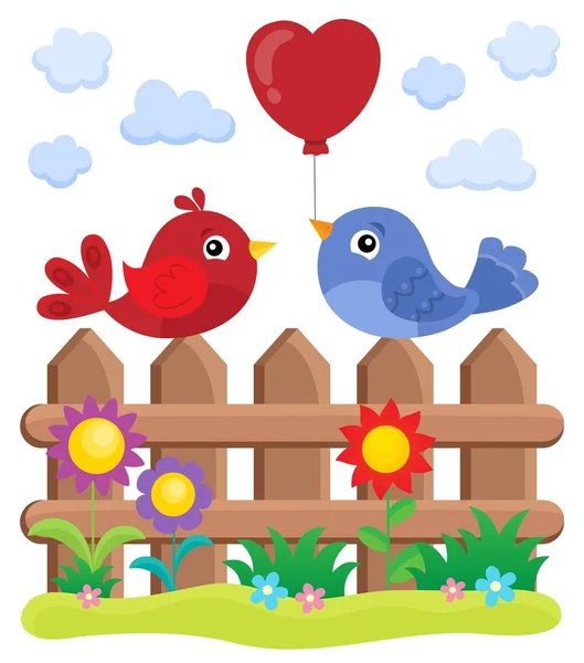 Valentine birds on fence tema 2 — Vetor de Stock