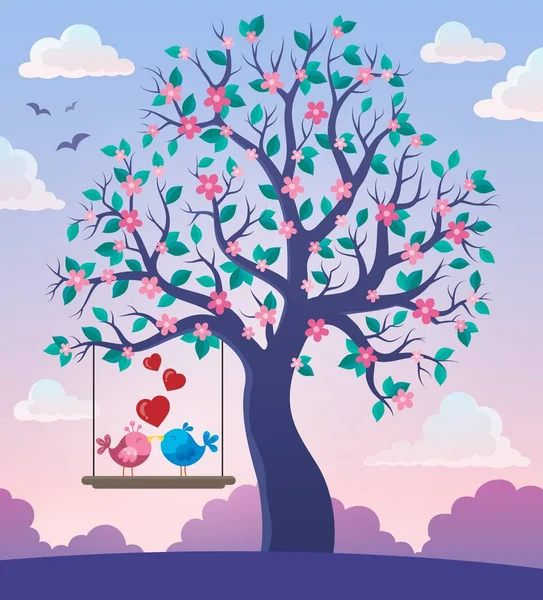 Baum mit Valentin-Vögeln Thema 2 — Stockvektor