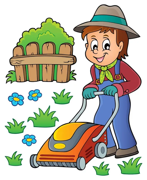 Trädgårdsmästare med gräsklippare temabild 1 — Stock vektor
