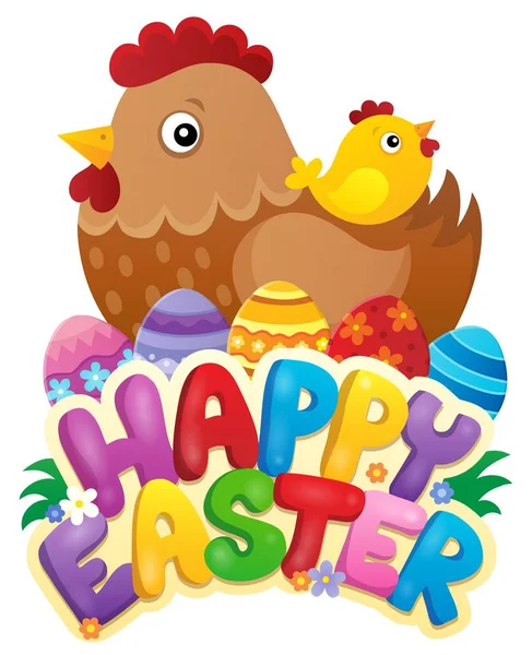 Happy Easter sign with hen and chicken — Stock Vector
