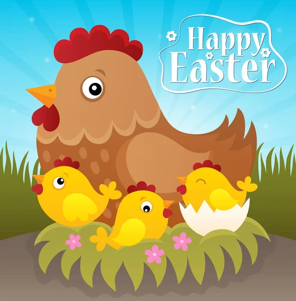 Tema Feliz Pascua con gallinas y pollos — Vector de stock