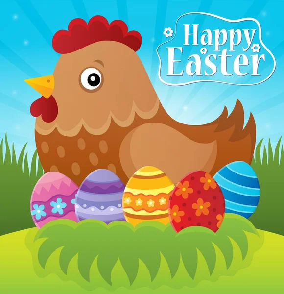 Tema feliz Páscoa com galinha e ovos — Vetor de Stock