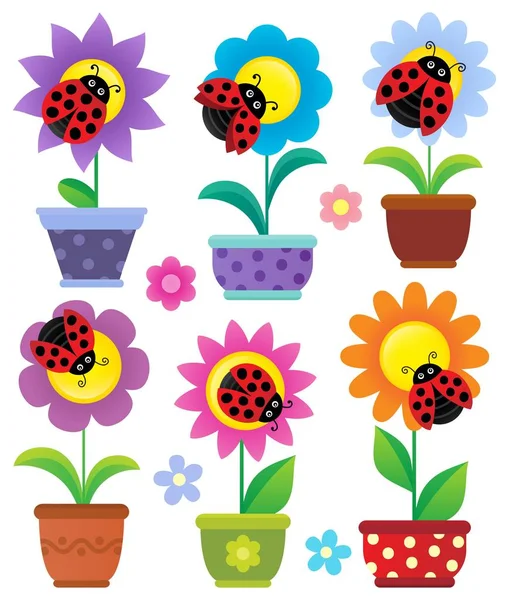 Macetas con flores y mariquitas — Vector de stock