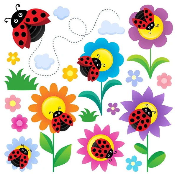 Ladybugs ve çiçekler tematik set — Stok Vektör
