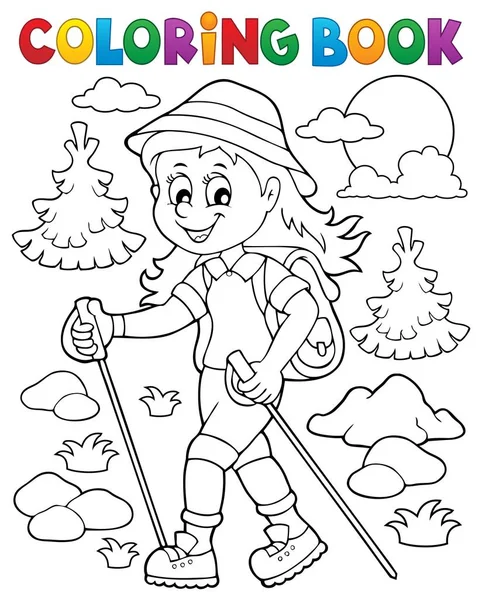 Coloring book woman hiker theme 1 — Stock Vector