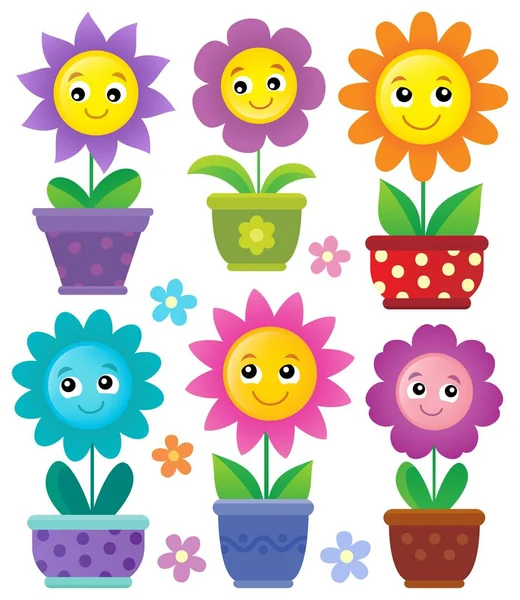 Flowerpots with smiling flowers set 1 — Stock Vector