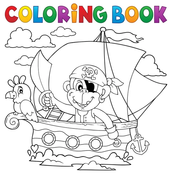 Coloring book boat with pirate monkey — Stock Vector