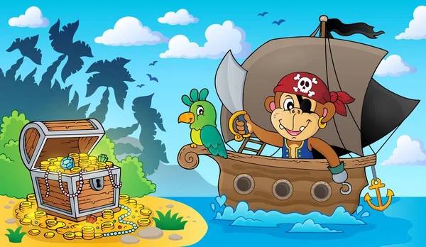 Barca con scimmia pirata tema 3 — Vettoriale Stock