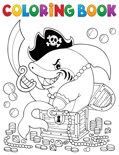 Coloring book pirate shark with treasure — Stock Vector