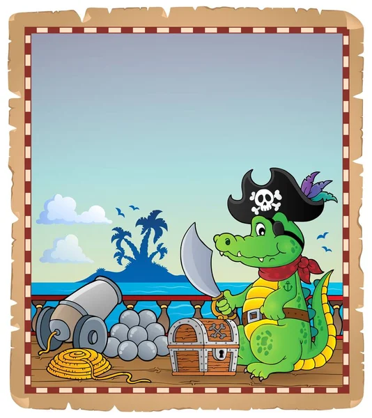 Parchment with pirate crocodile on ship — Stock Vector