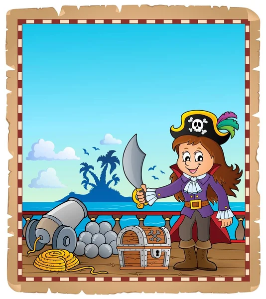 Pergamino con chica pirata en el barco — Vector de stock