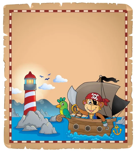 Pergamino con mono pirata en barco — Vector de stock