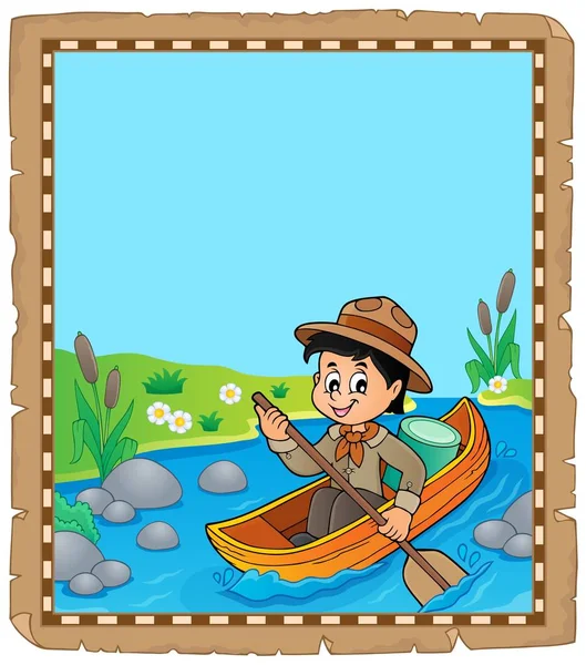 Pergamino con niño explorador de agua — Vector de stock