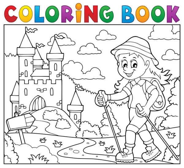 Coloring book woman hiker theme 2 — Stock Vector