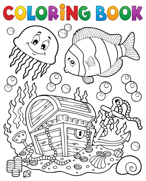 Coloring book treasure chest underwater — Stock Vector