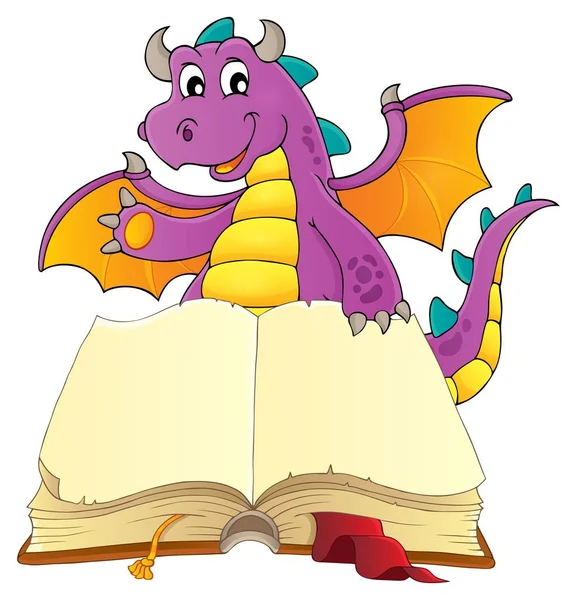 Libro abierto con dragón feliz — Vector de stock