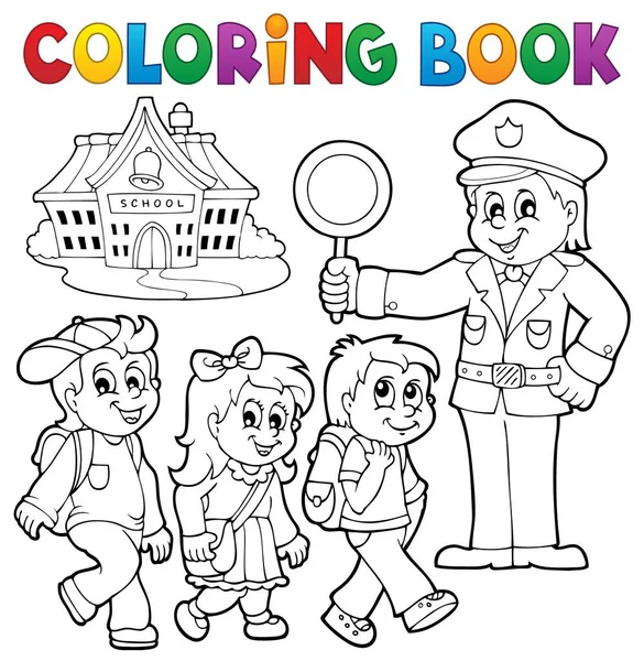 Kleuren boek leerlingen en politieman — Stockvector