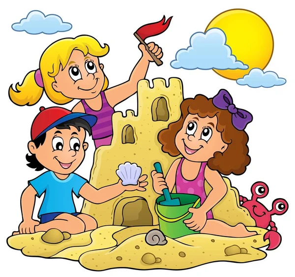 Enfants construction château de sable thème 1 — Image vectorielle